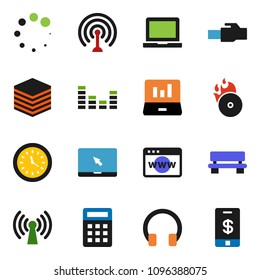 solid vector ixon set - notebook pc vector, laptop graph, clock, music hit, antenna, equalizer, headphones, big data, browser, lan connector, bench, loading, wireless, calculator, tap pay