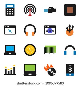 solid vector ixon set - notebook pc vector, clock, music hit, antenna, equalizer, headphones, stop button, browser, lan connector, route arrow, barcode, calculator, tap pay