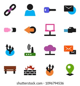 solid vector ixon set - notebook network vector, cloud, firewall, router, lan connector, bench, arrow, mail, chain, route, connection, user, key, pin