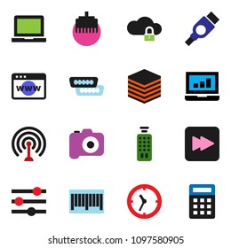 solid vector ixon set - notebook pc vector, laptop graph, clock, camera, antenna, remote control, forward button, hdmi, cloud lock, big data, browser, equalizer, lan connector, barcode, calculator