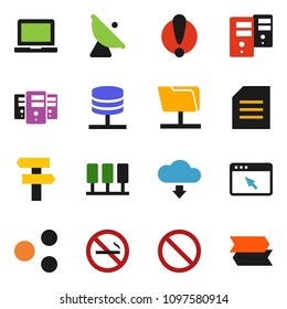 solid vector ixon set - notebook pc vector, document, prohibition sign, no smoking, attention, satellite antenna, server, network folder, browser, share, cloud download, signpost