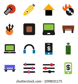 solid vector ixon set - notebook pc vector, arrow up, barcode, music hit, remote control, headphones, stop button, equalizer, bench, route, tap pay