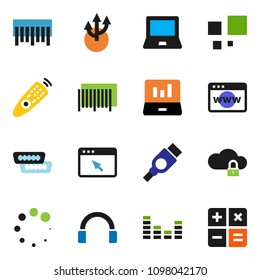 solid vector ixon set - notebook pc vector, laptop graph, barcode, equalizer, remote control, headphones, hdmi, cloud lock, browser, loading, route arrow, calculator