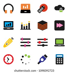 solid vector ixon set - notebook pc vector, laptop graph, clock, barcode, equalizer, remote control, headphones, forward button, hdmi, cloud lock, big data, loading, calculator