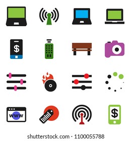 solid vector ixon set - notebook pc vector, barcode, music hit, camera, antenna, remote control, browser, equalizer, bench, loading, wireless, tap pay
