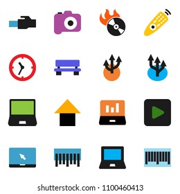 solid vector ixon set - notebook pc vector, laptop graph, arrow up, clock, barcode, music hit, camera, remote control, play button, lan connector, bench, route