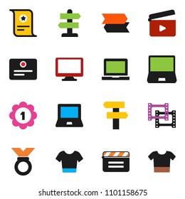 solid vector ixon set - notebook pc vector, certificate, t shirt, medal, signpost, cinema clap, film frame, monitor, clothes