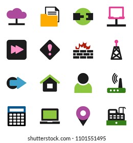 solid vector ixon set - notebook pc vector, calculator, document, antenna, forward button, network, cloud, firewall, router, arrow, connection, user, attention sign, pin, house, cashbox
