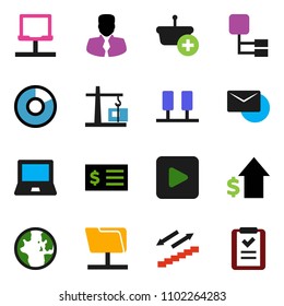 solid vector ixon set - notebook pc vector, world, pie graph, manager, dollar growth, receipt, stairways run, play button, server, network, folder, mail, hierarchy, construction crane, basket