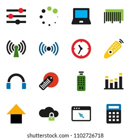 solid vector ixon set - notebook pc vector, arrow up, clock, barcode, equalizer, remote control, headphones, cloud lock, browser, loading, wireless, calculator