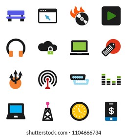 solid vector ixon set - notebook pc vector, clock, barcode, music hit, antenna, equalizer, headphones, play button, hdmi, cloud lock, browser, bench, route arrow, tap pay