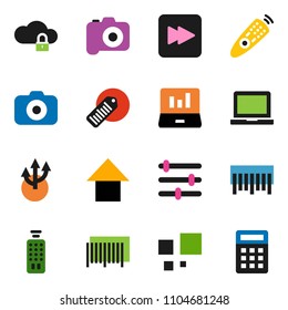 solid vector ixon set - notebook pc vector, laptop graph, arrow up, barcode, camera, remote control, forward button, cloud lock, equalizer, loading, route, calculator