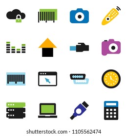 solid vector ixon set - notebook pc vector, arrow up, clock, camera, equalizer, remote control, hdmi, cloud lock, big data, browser, lan connector, barcode, calculator