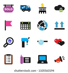solid vector ixon set - notebook pc vector, flag, bank building, calendar, phone, top sign, heart, eye doctor hat, connection, cloud lock, water supply, sold signboard, search estate, shopping list