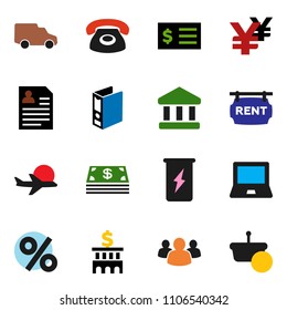 solid vector ixon set - notebook pc vector, bank, building, receipt, binder, personal information, yen sign, enegry drink, plane, car, group, rent signboard, phone, cash, percent, basket