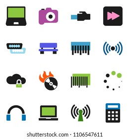 solid vector ixon set - notebook pc vector, barcode, music hit, camera, headphones, forward button, hdmi, cloud lock, lan connector, bench, loading, wireless, calculator