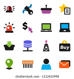solid vector ixon set - notebook pc vector, dollar cursor, satellite, antenna, network server, hub, favorites, user, pin, siren, buy, basket, mail