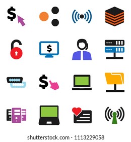 solid vector ixon set - notebook pc vector, monitor dollar, cursor, heart, support, hdmi, network folder, server, big data, share, unlock, wireless