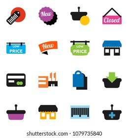solid vector ixon set - office vector, barcode, low price signboard, credit card, new, closed, shopping bag, store, mall, basket