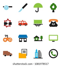 solid vector ixon set - office vector, phone, truck trailer, car, umbrella, gamepad, monitor, scalpel, eye doctor hat, amkbulance, disconnection, chalet, fruit tree, estate document, building