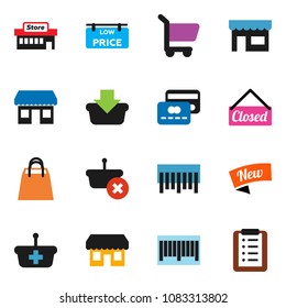 solid vector ixon set - office vector, barcode, low price signboard, credit card, new, closed, shopping bag, store, mall, basket, cart, list
