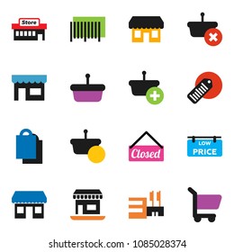 solid vector ixon set - office vector, barcode, low price signboard, closed, shopping bag, store, mall, basket, cart