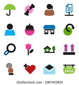 solid vector ixon set - office vector, support, umbrella, top sign, tulip, touchscreen, mail, heart cross, broken bone, lan connector, redo, network document, user, magnifier, chalet