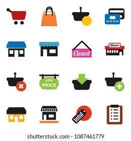 solid vector ixon set - office vector, barcode, low price signboard, credit card, closed, shopping bag, store, mall, basket, cart, list