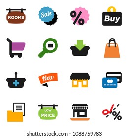 solid vector ixon set - office vector, cargo search, estate document, rooms signboard, low price, credit card, sale, new, shopping bag, percent, store, buy, basket, cart, coupon