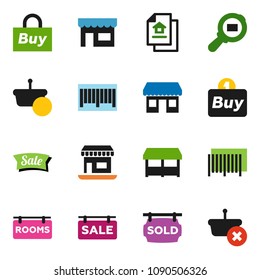 solid vector ixon set - office vector, cargo search, estate document, sale signboard, rooms, sold, market, store, buy, barcode, basket