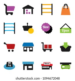 solid vector ixon set - office vector, cargo, warehouse, weight, shelving, new, open, shopping bag, store, mall, basket, cart, scales