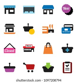 solid vector ixon set - office vector, credit card, new, closed, shopping bag, store, mall, barcode, basket, cart, list
