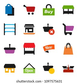 solid vector ixon set - office vector, shelving, new, open, shopping bag, market, store, buy, basket, cart, scales
