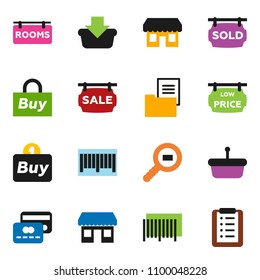 solid vector ixon set - office vector, cargo search, estate document, sale signboard, rooms, sold, low price, credit card, store, buy, barcode, basket, shopping list