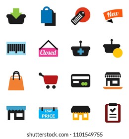 solid vector ixon set - office vector, barcode, low price signboard, credit card, new, closed, shopping bag, store, basket, cart, list