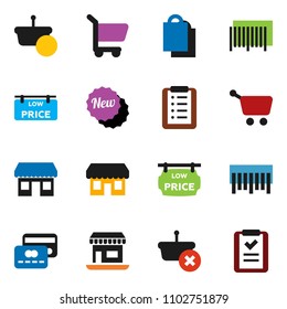 solid vector ixon set - office vector, barcode, low price signboard, credit card, new, shopping bag, store, basket, cart, list