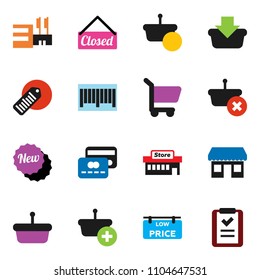 solid vector ixon set - office vector, barcode, low price signboard, credit card, new, closed, mall, basket, cart, shopping list