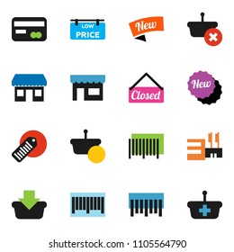 solid vector ixon set - office vector, barcode, low price signboard, credit card, new, closed, store, mall, basket