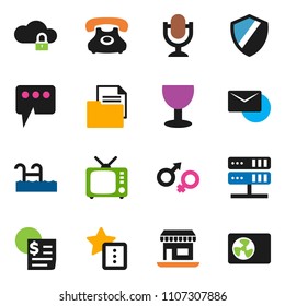 solid vector ixon set - office vector, phone, receipt, document, glass, tv, microphone, gender sign, network server, cloud lock, shield, favorites, message, mail, pool, ari condition