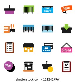 solid vector ixon set - office vector, barcode, low price signboard, credit card, new, closed, store, mall, basket, shopping list