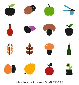 solid vector ixon set - oil vector, cook press, egg, mushroom, potato, apple fruit, leaf, diet, cereals, flower in pot