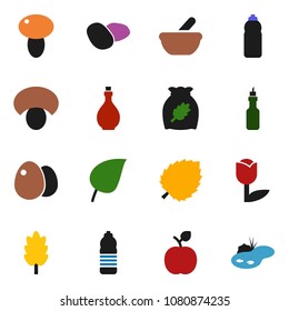 solid vector ixon set - oil vector, cereal, egg, mushroom, potato, apple fruit, leaf, water bottle, tulip, mortar, pond