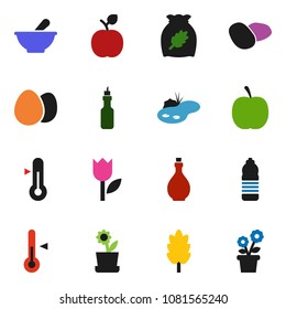 solid vector ixon set - oil vector, thermometer, cereal, egg, potato, apple fruit, diet, water bottle, tulip, mortar, pond, flower in pot