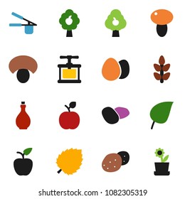 solid vector ixon set - oil vector, cook press, egg, mushroom, potato, apple fruit, leaf, cereals, tree, flower in pot