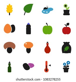 solid vector ixon set - oil vector, thermometer, cereal, egg, mushroom, potato, apple fruit, leaf, diet, water bottle, pond, flower in pot