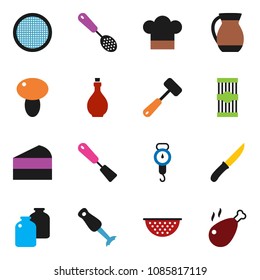 solid vector ixon set - oil vector, colander, scales, cook hat, skimmer, spatula, knife, meat hammer, blender, jug, sieve, jar, pasta, mushroom, cake, chicken leg