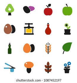 solid vector ixon set - oil vector, cook press, egg, mushroom, potato, apple fruit, leaf, diet, cereals, tree, flower in pot