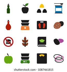 solid vector ixon set - oil vector, double boiler, cookbook, cereal, potato, apple fruit, diet, scales, sports nutrition, cereals, no fastfood, hoop