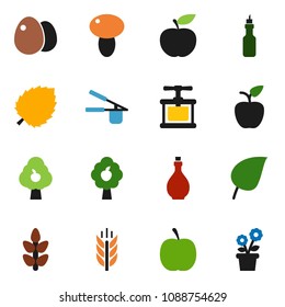 solid vector ixon set - oil vector, cook press, egg, mushroom, apple fruit, leaf, diet, cereals, tree, flower in pot
