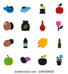 solid vector ixon set - oil vector, cereal, egg, potato, apple fruit, leaf, diet, water bottle, tulip, pond, flower in pot